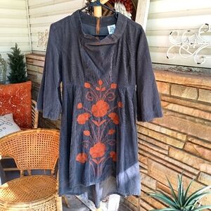 Ivy Jane Anthropologie Gray and Orange Floral Embroidered Corduroy Dress_Small